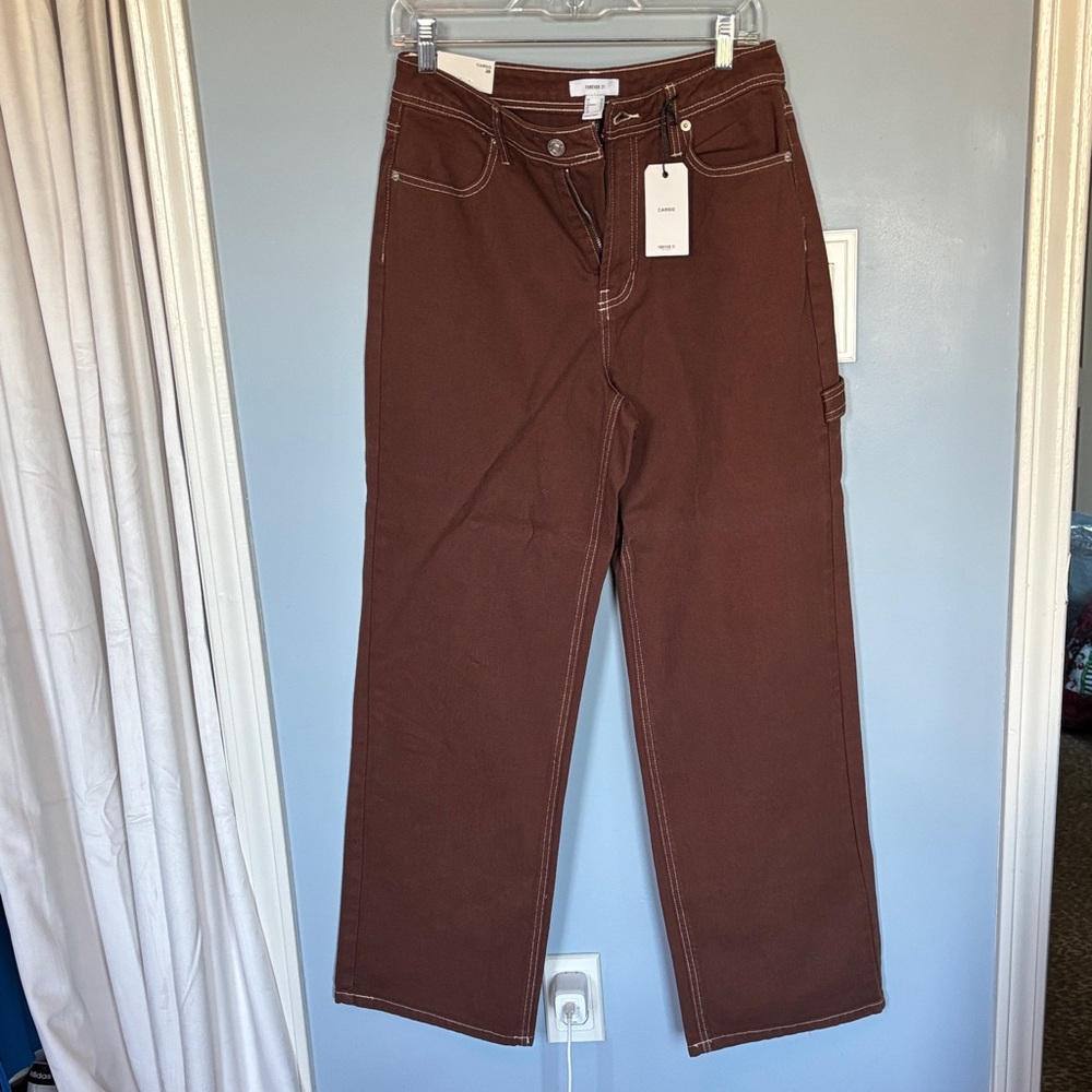 Forever 21 Chocolate Brown Denim Relaxed Fit Cargo Pants